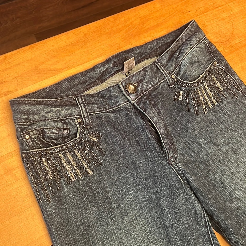Cache Dark Blue Beaded Flare Jeans